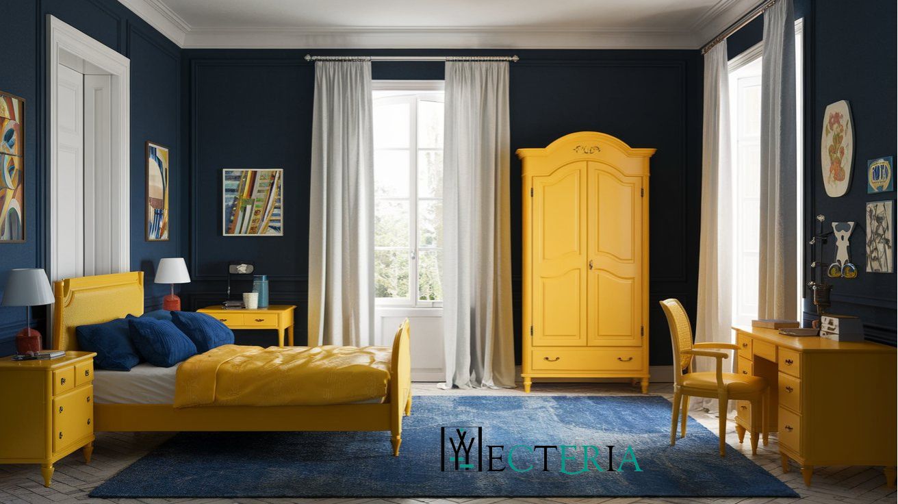 Bedroom Color Combinations | Dark Blue and Bright Ye­llow